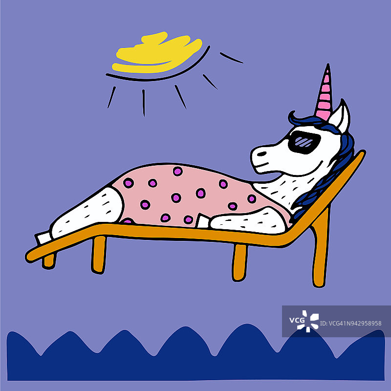 可爱的手绘独角兽女孩在木板床上晒太阳。图片素材