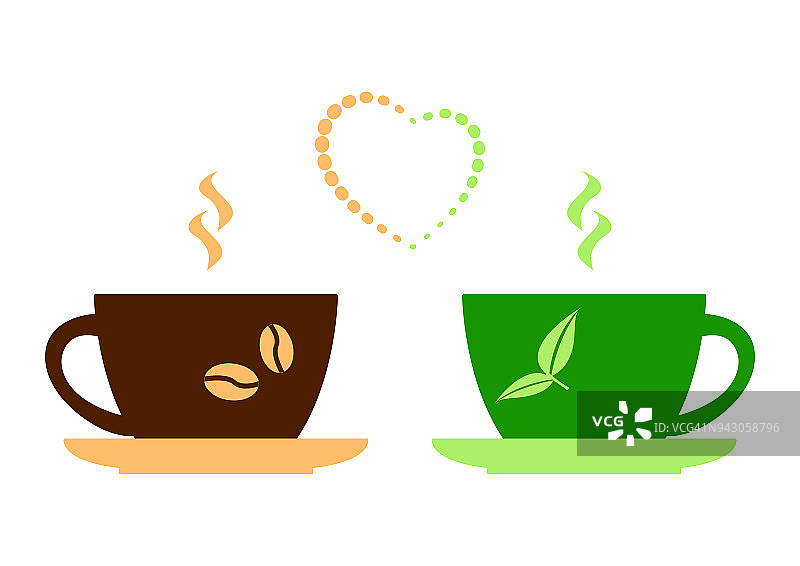 咖啡和茶。棕色的咖啡和绿色的茶，还有心。矢量图图片素材