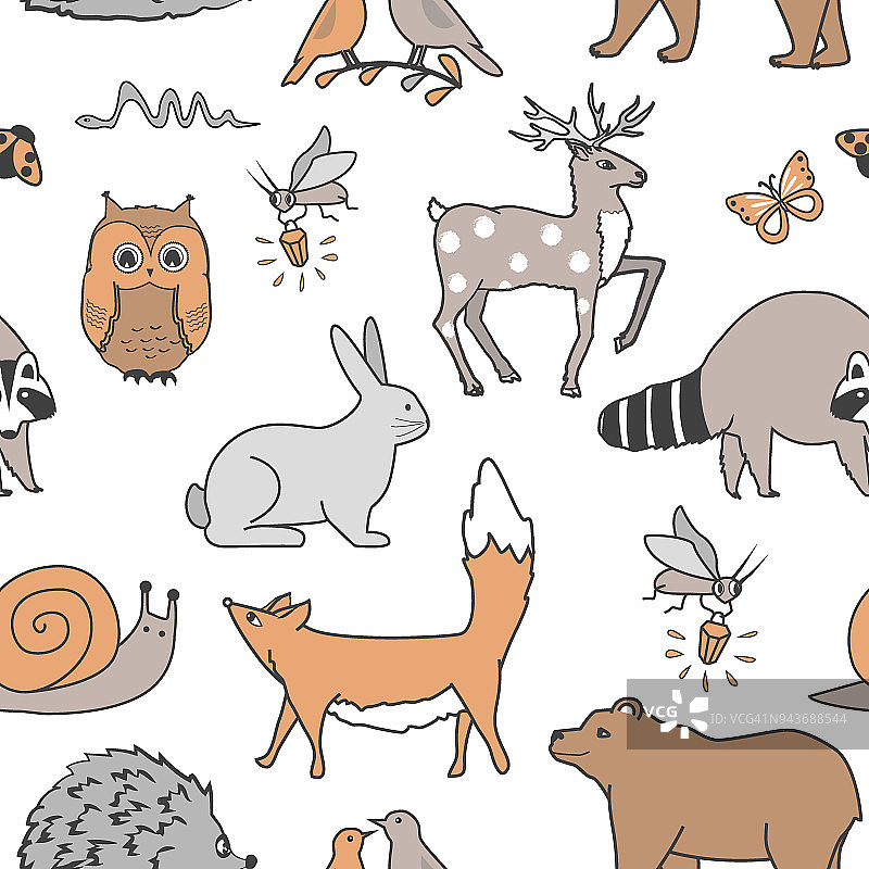 森林动物无缝模式。狐狸，熊，浣熊，猫头鹰，兔子，萤火虫和刺猬在白色的背景。图片素材