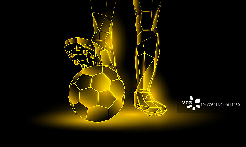 足球黄色霓虹背景。足球运动员在球上的多边形脚。图片素材