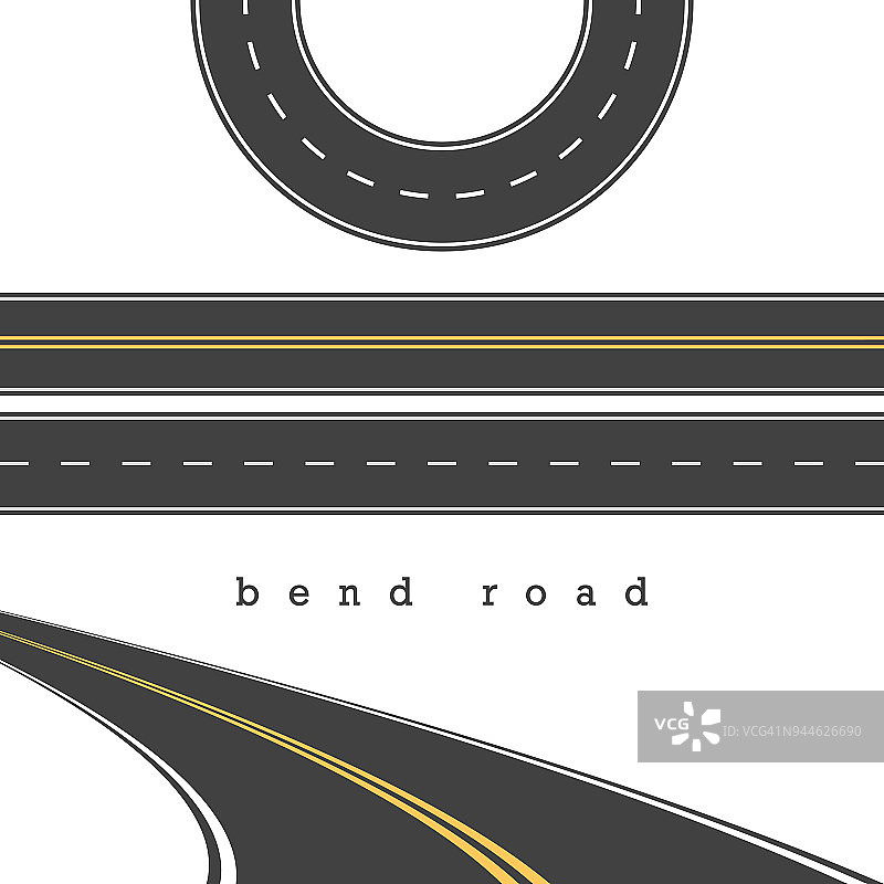 弯曲的道路，直和弯曲的道路矢量集，道路路口。矢量插图。白色和黄色路标图片素材