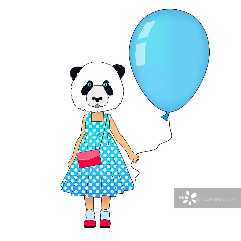时尚熊猫小女孩穿着礼服。动物潮熊穿着衣服和气球。穿着城市风格的熊猫宝宝图片素材