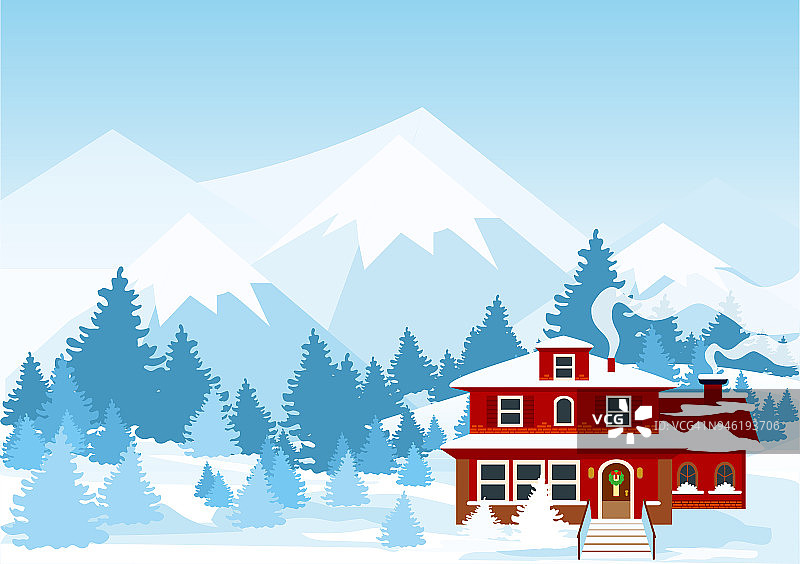 矢量插图的冬季景观与山和红色cote覆盖的雪在森林。图片素材