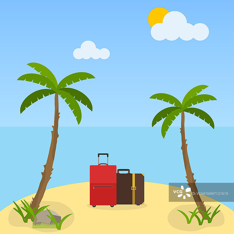 手提箱旅行者对着蓝色的大海。旅行者的概念。图片素材