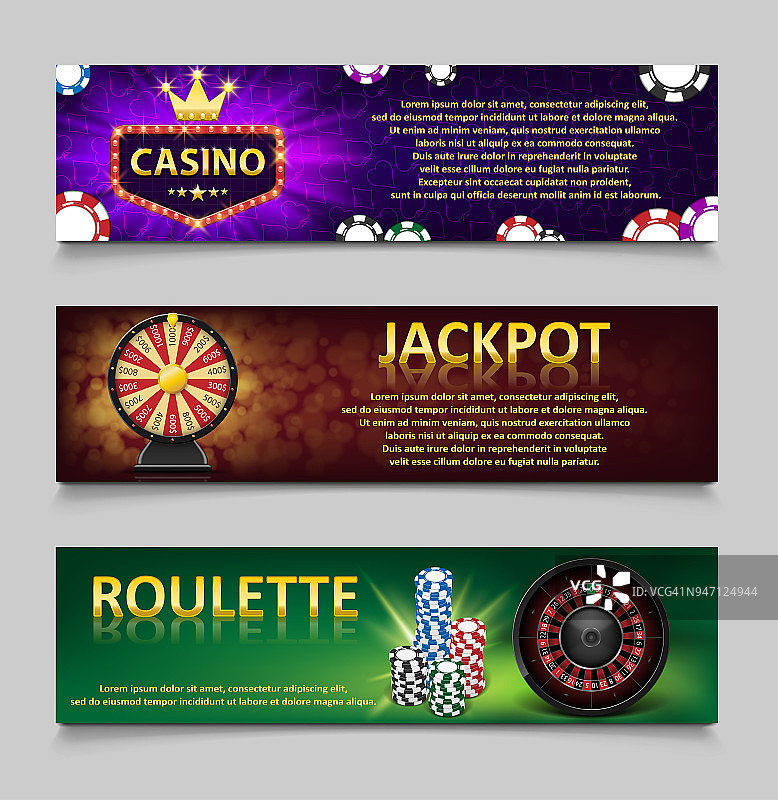 赌博横幅与轮盘赌轮和赌场筹码，彩票机，黄金财富轮套。赌场头奖横幅与赌场游戏，财富和彩票。矢量图图片素材
