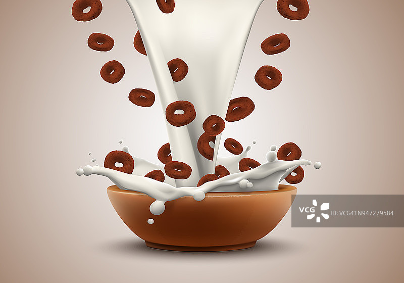 巧克力玉米环在大牛奶喷溅广告传单矢量插图。高质量的艺术为谷物产品广告宣传册，海报或标签设计图片素材