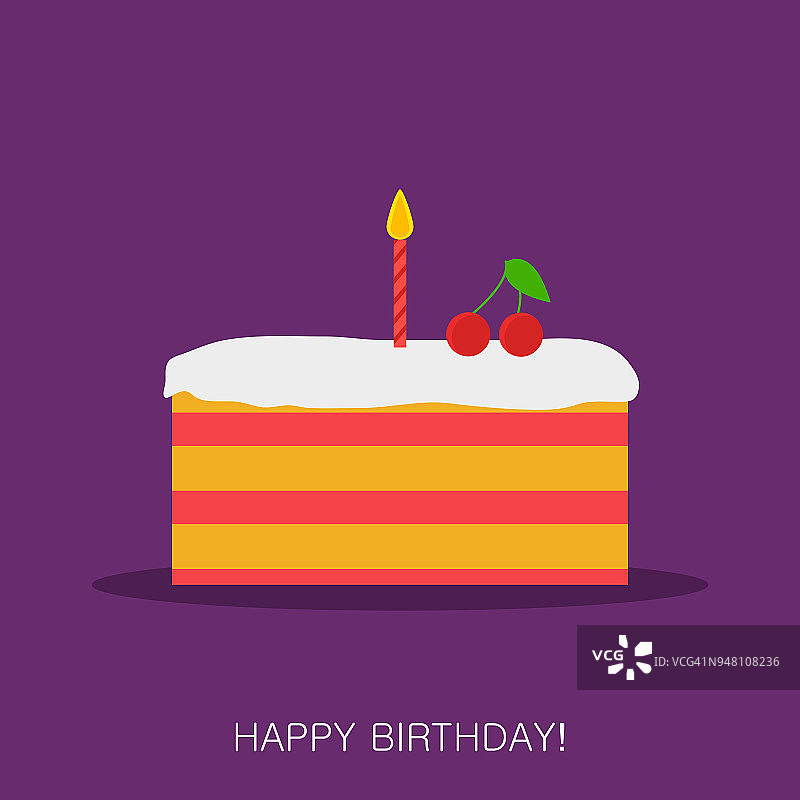生日蛋糕与奶油平面图标在紫色的背景。有蜡烛和樱桃的釉蛋糕。甜蜜的奶油馅饼。矢量图图片素材