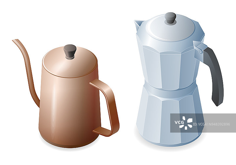 平面等距插图的金属咖啡壶和咖啡机。图片素材