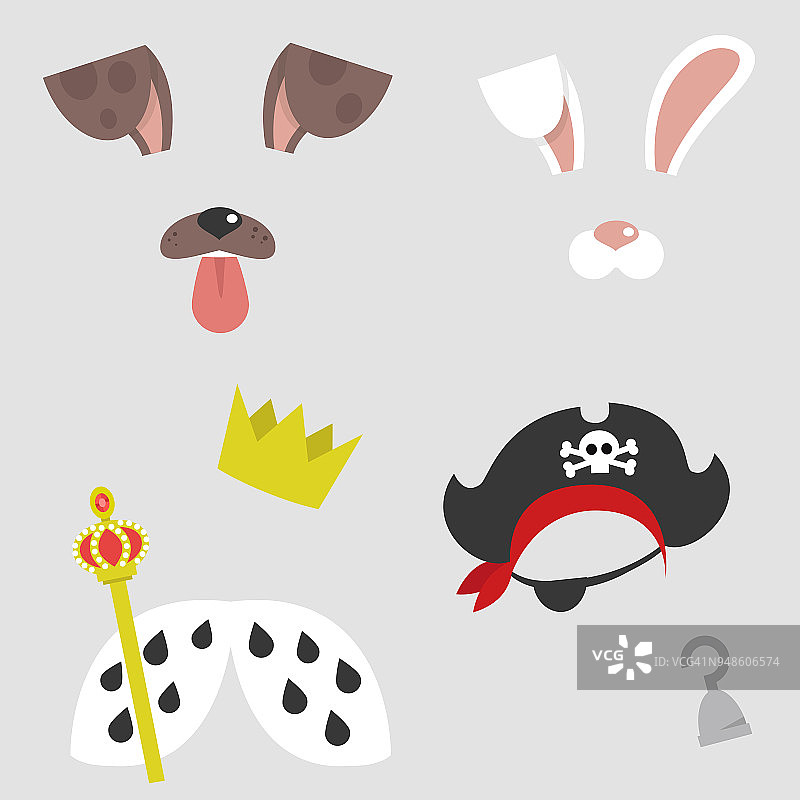 一组字符遮罩。狗，兔子，海盗，皇后或国王。自拍应用的面部滤镜。平面可编辑矢量插图，剪辑艺术图片素材
