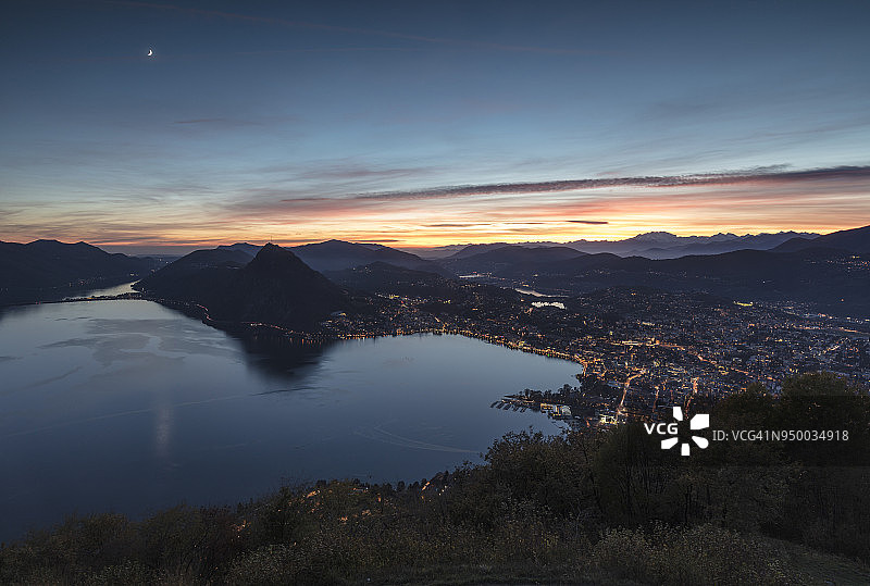 瑞士卢加诺湖日落图片素材