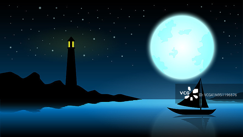 船在满月的夜晚;蓝色的海洋与灯塔在午夜满月;星星在天空;幻想的景观背景;美丽的剪影夜景观矢量设计图片素材
