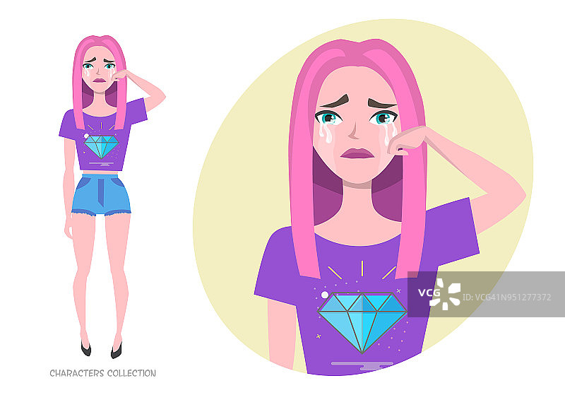 哭泣的少女在时尚的衣服紫外线颜色擦眼泪从她的脸上图片素材