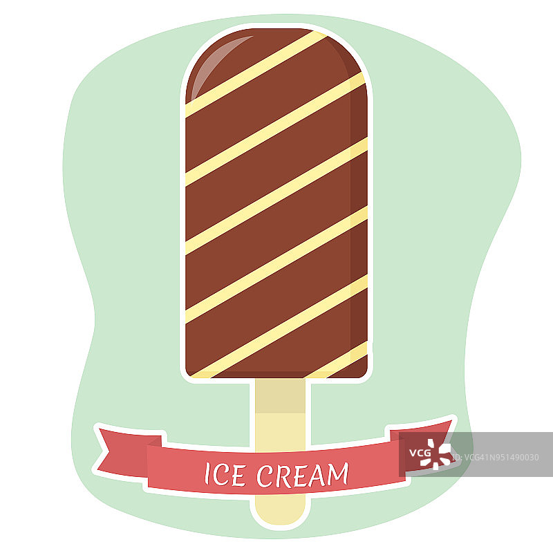 冰淇淋上的棒状扁平图标在白色描边与红色丝带的背景图片素材