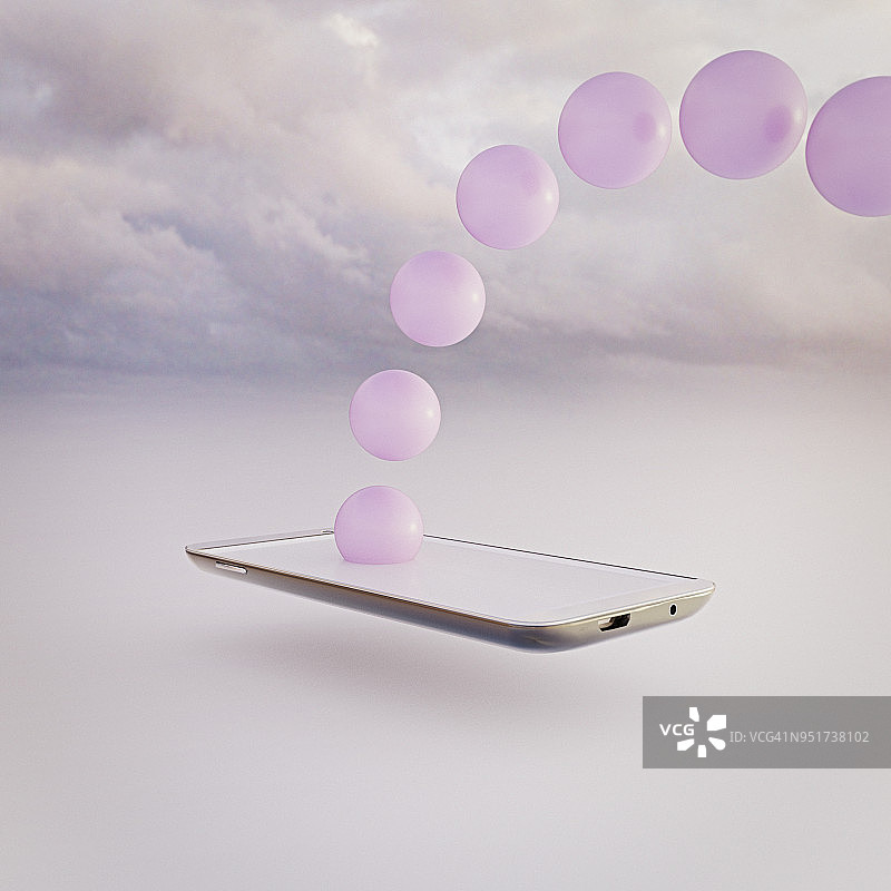 手机微型世界:粉色球体从手机中升起，进入云端图片素材