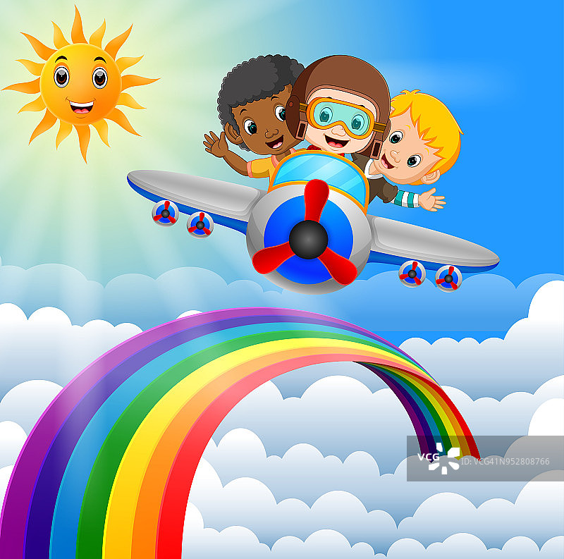 有趣的男孩骑着飞机飞过彩虹图片素材