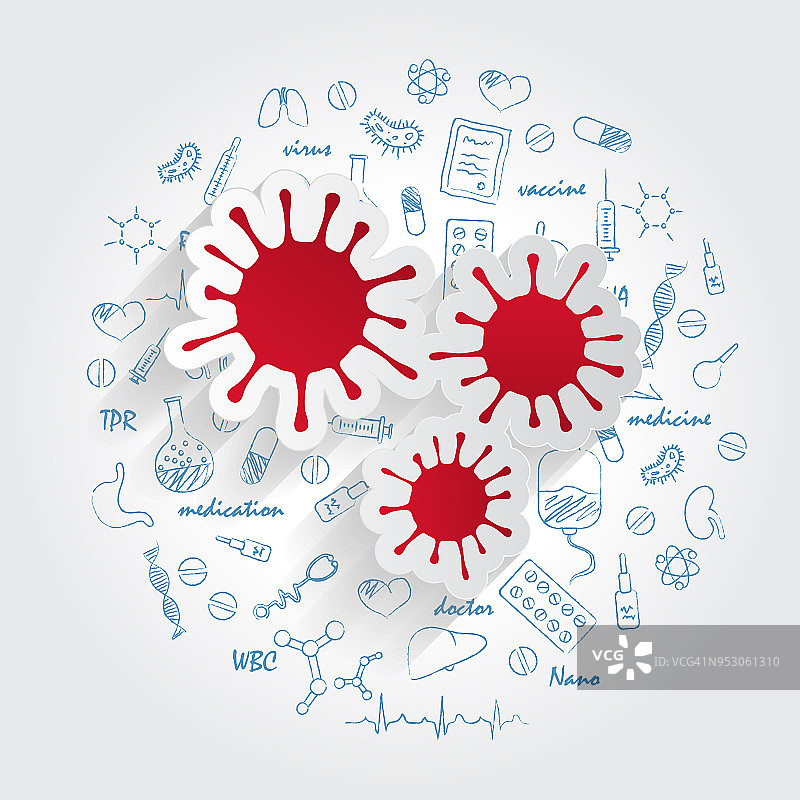 医学专业的图标。病毒学和病毒概念。矢量插图与手绘医学涂鸦图片素材