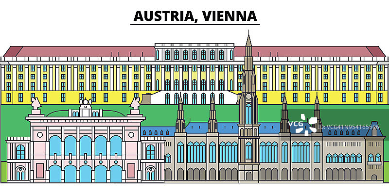 奥地利,维也纳。城市天际线，建筑，建筑，街道，剪影，景观，全景，地标。可编辑的中风。平面设计线矢量插图概念。孤立的图标图片素材