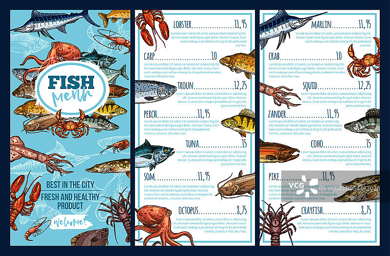 海鲜餐厅菜单模板与鱼素描图片素材