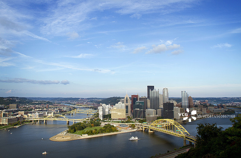 高角度的观点，桥上的河流在匹兹堡市对蓝天图片素材