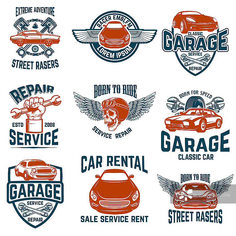 汽车维修、车库、汽车服务标志。标签、标识的设计元素。图片素材