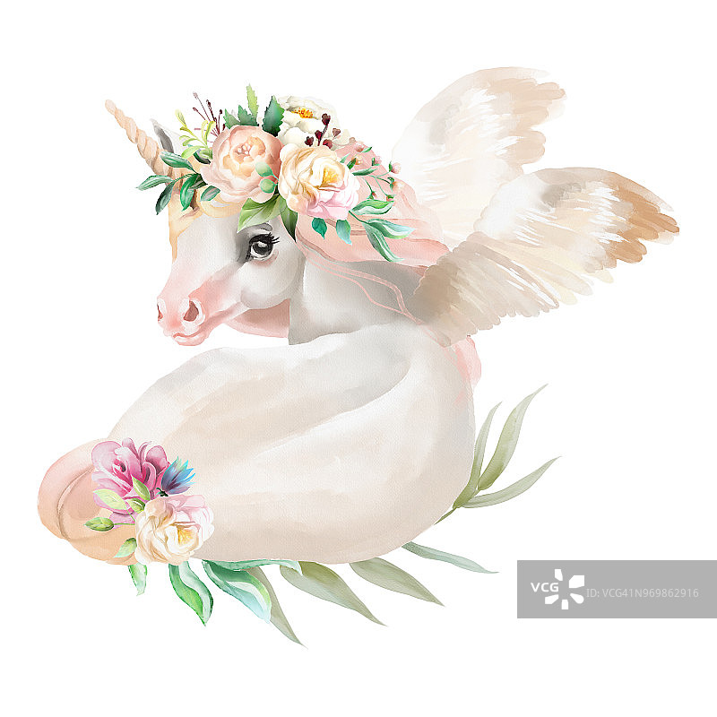 美丽，可爱，水彩梦独角兽，飞马与翅膀和花，花冠，花束孤立在白色图片素材