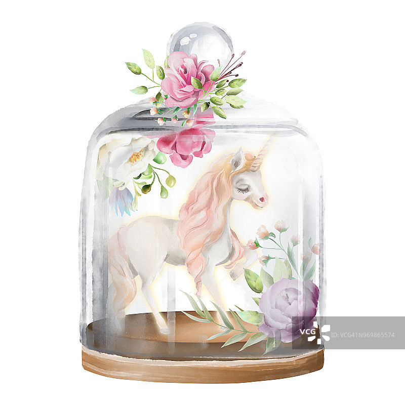 美丽的独角兽，神奇的马还有玻璃玻璃瓶里的鲜花。幻想水彩插图孤立在白色图片素材