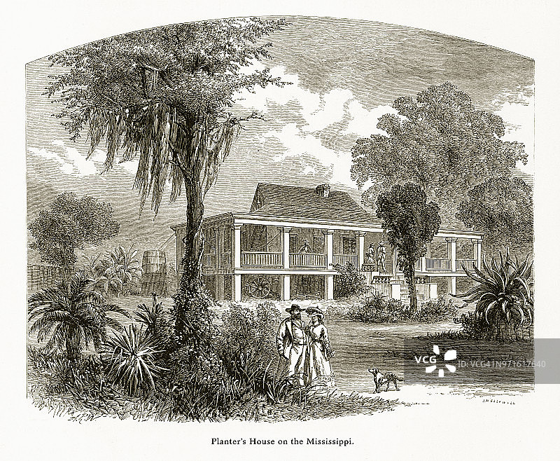美国路易斯安那州新奥尔良密西西比河上的种植园主的房子，美国维多利亚版画，1872年图片素材