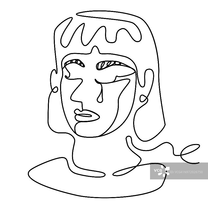 撕裂的女人一线艺术肖像。不开心的女性面部表情。手绘线性女人剪影。矢量图图片素材
