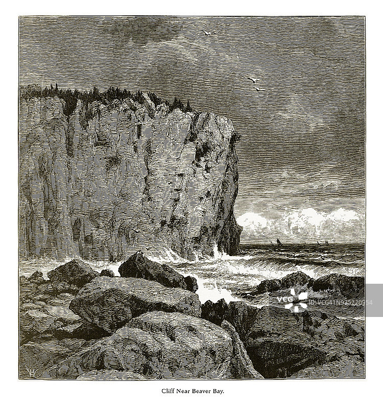 美国明尼苏达州苏必利尔湖海狸湾附近的悬崖，美国维多利亚版画，1872年图片素材
