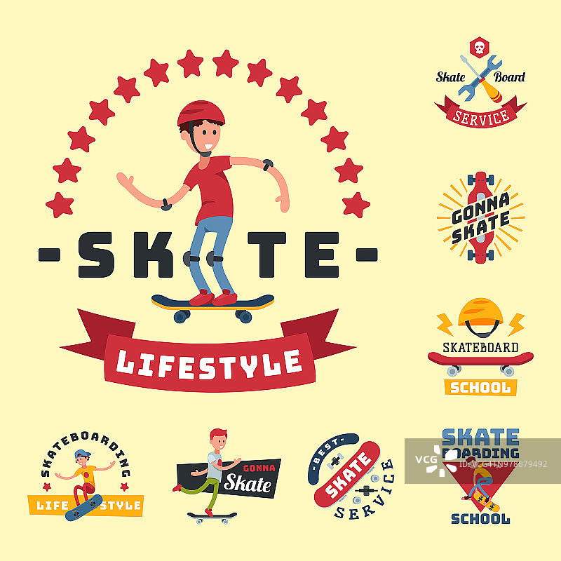 滑板人把戏剪影运动徽章极端行动积极的滑板城市年轻人跳跃人矢量插图图片素材