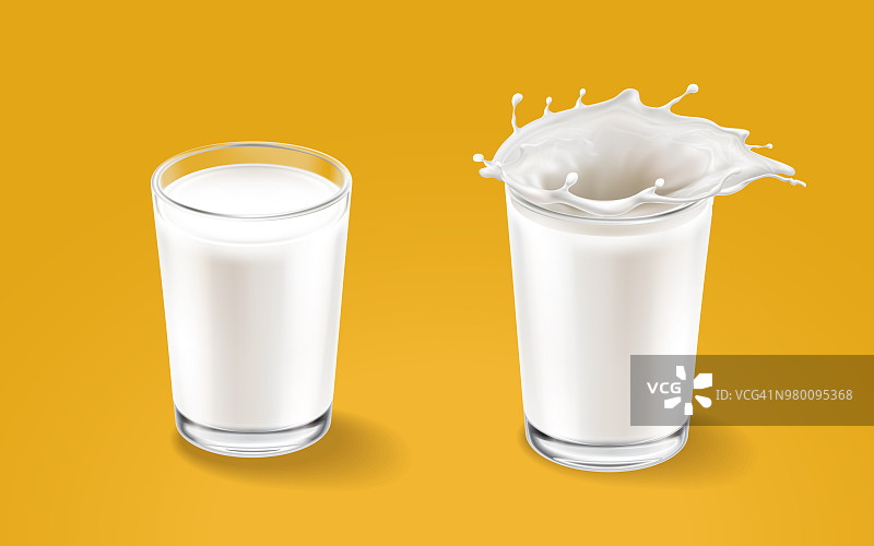 牛奶和透明杯元素隔离在温暖的背景。液体飞溅在玻璃杯中。牛奶吐出。矢量3d真实感插图图片素材