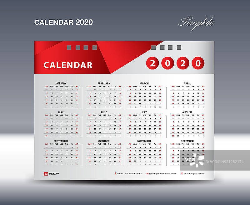 日历2020模板矢量，周开始周日，文具设计，传单设计矢量，印刷媒体创意设计图片素材