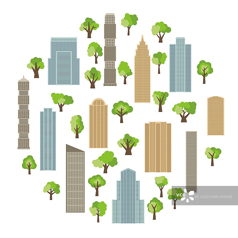 绿色树木环绕的现代建筑和摩天大楼图片素材