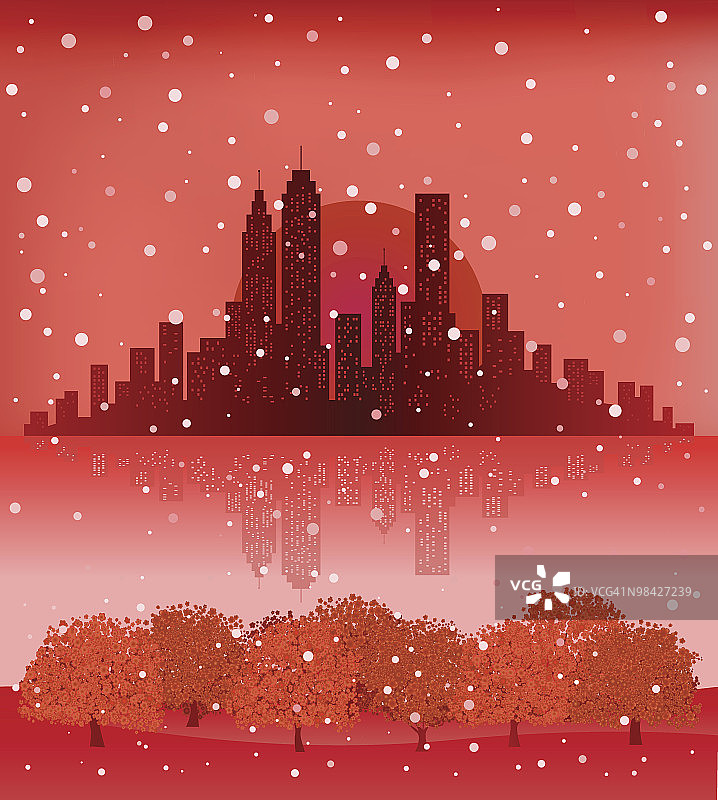 城市天际线与下雪的天空，自然在圣诞新年图片素材
