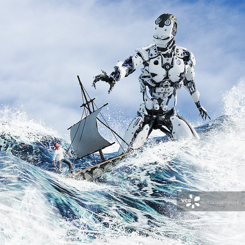 在海上风暴中，巨大的机器人伸向救生筏上的人图片素材