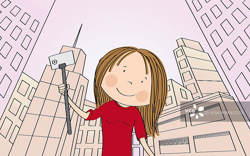 年轻快乐的女孩在现代城市和摩天大楼自拍。视图从下面。倾斜角度。原始手绘插图。图片素材