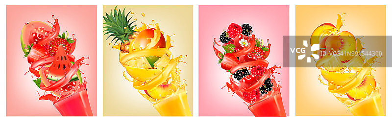 一组标签与果汁飞溅的水果。图片素材