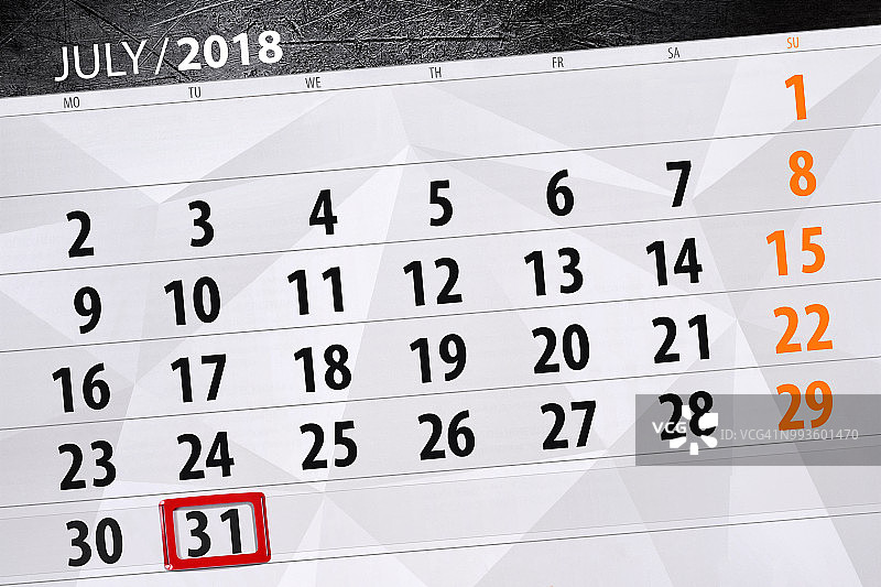 日历计划的月，截止日的一周，周二，2018年7月31日图片素材