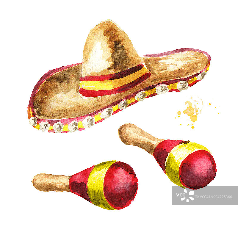 五月节帽，宽边帽和墨西哥沙槌。手绘水彩插图，孤立的白色背景图片素材