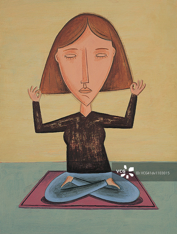 一个女人坐在莲花位沉思的肖像图片素材