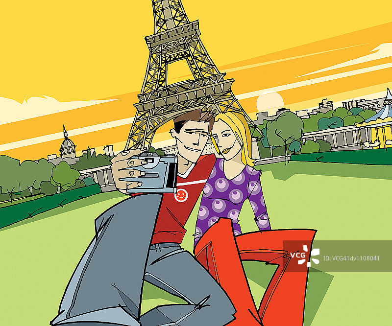 一对年轻夫妇在埃菲尔铁塔前自拍图片素材