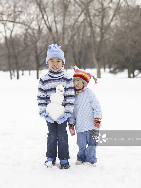 男孩(4-9)与雪人，微笑图片素材