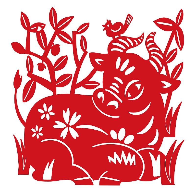 红色十二生肖牛属相剪纸插画元素下载