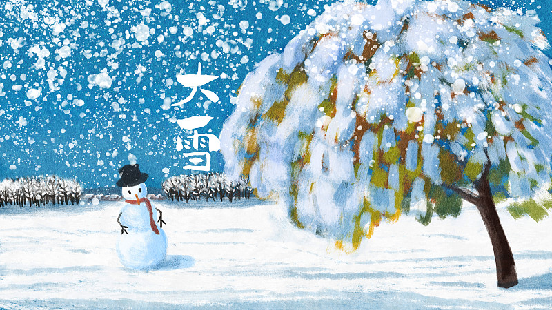 大雪 下雪树木积雪蓝天雪人图片素材