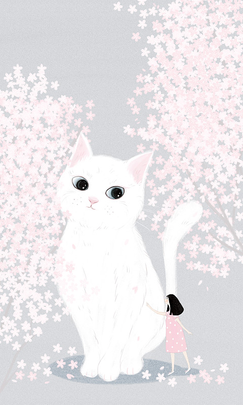 樱花树下的猫与女孩图片下载