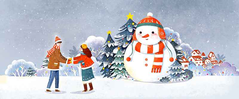 雪地里的情侣和雪人图片下载