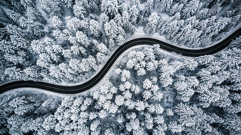 弯曲多风的道路在积雪覆盖的森林，从上到下鸟瞰图图片下载