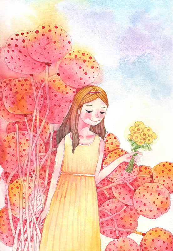 水彩画插画拿着花的穿着黄色裙子的青春女孩下载