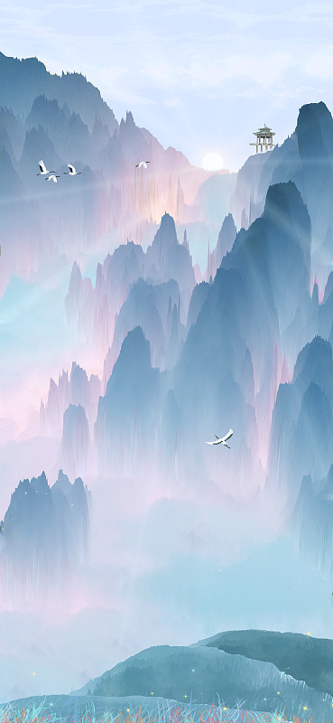 早晨太阳升起，阳光笼罩森林，仙鹤飞过云雾中国风插画背景海报下载