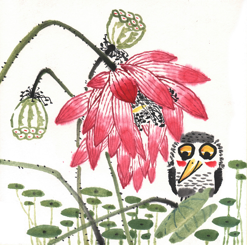 中国画水墨画夏天绽放的荷花下的一只小鸟图片下载